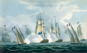 HMS Sirius, Capitán Rowse enfrentando a un escuadrón francés en la desembocadura del Tíber, 17 de abril de 1806, grabado por T. Sutherland para 